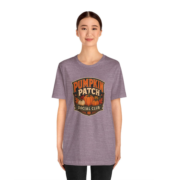 Heather mauve crew-neck T-shirt with Pumpkin Patch Social Club logo on chest