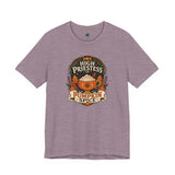 Purple T-shirt with round pumpkin spice graphic on the front