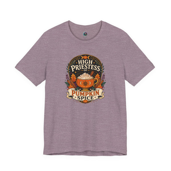 Purple T-shirt with round pumpkin spice graphic on the front