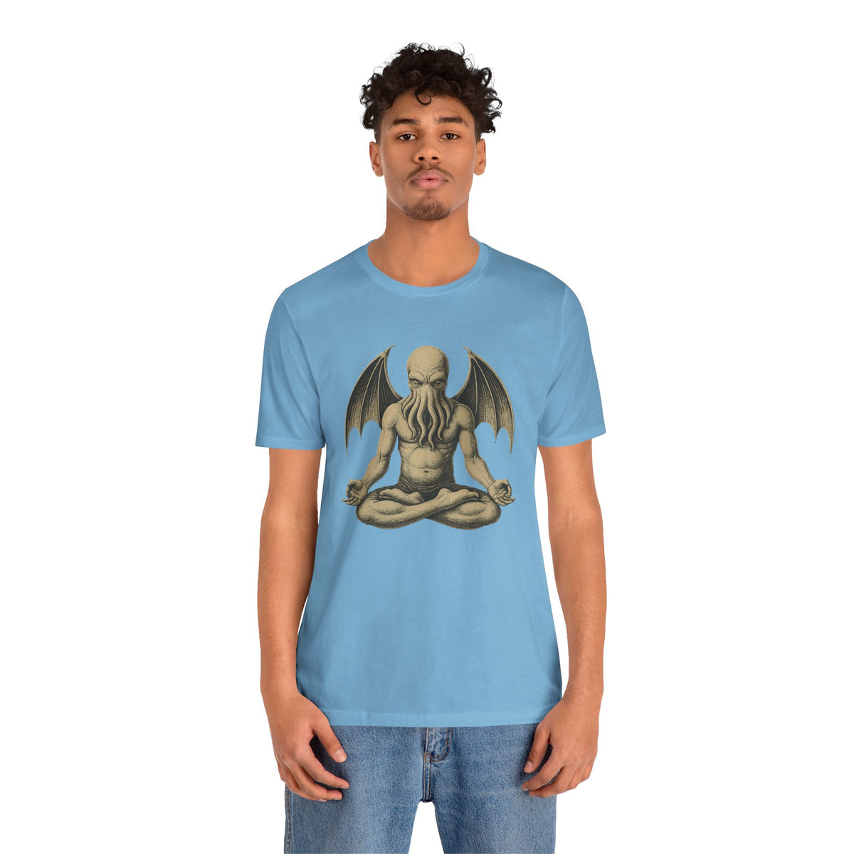 Light blue unisex crewneck t-shirt with meditating monster graphic on chest
