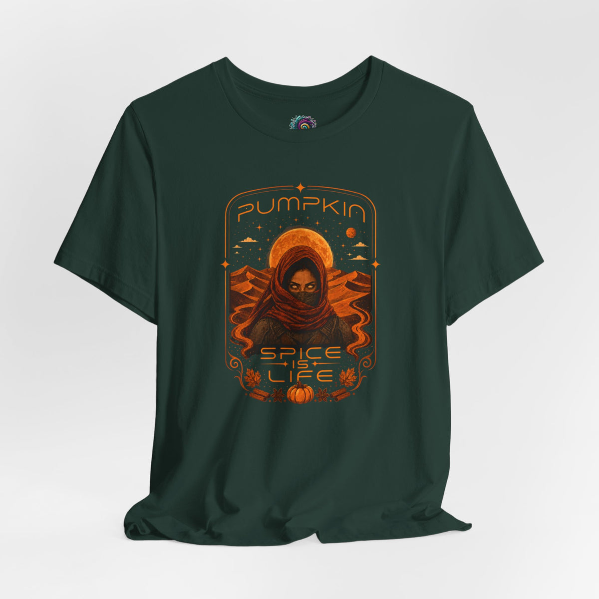 Dark green crew-neck T-shirt with orange “Pumpkin Spice Life” sci-fi graphic