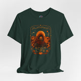Dark green crew-neck T-shirt with orange “Pumpkin Spice Life” sci-fi graphic