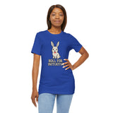 Blue crewneck T-shirt with bunny and “Roll for Initiative” front graphic, hand on hip