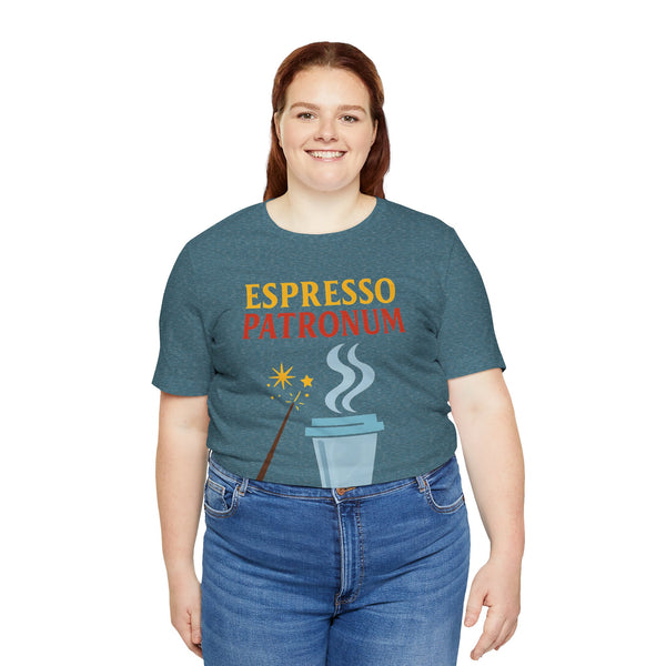 Teal heather crew-neck T-shirt with ESPRESSO PATRONUM coffee graphic, plus-size model