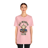 Pink crewneck T-shirt with front “All-Nighter Club” coffee-and-books graphic
