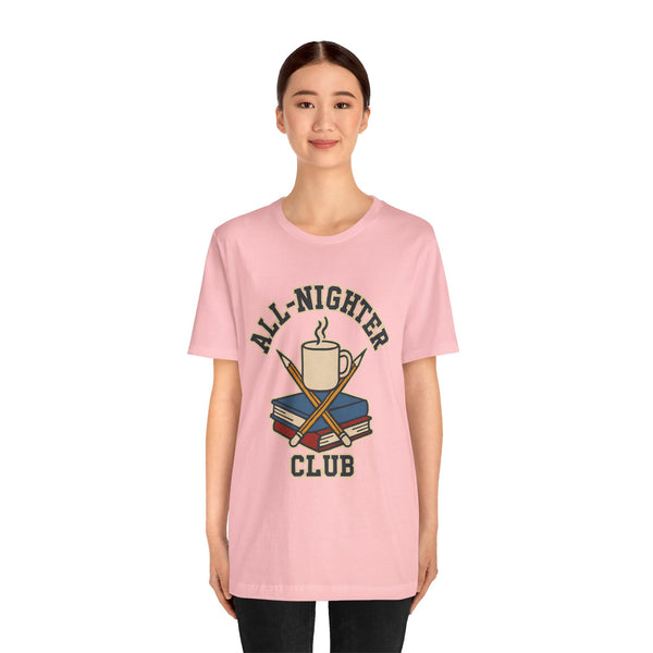 Pink crewneck T-shirt with front “All-Nighter Club” coffee-and-books graphic