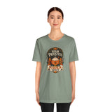 Sage green crew-neck t-shirt with High Priestess of Pumpkin Spice graphic, front view