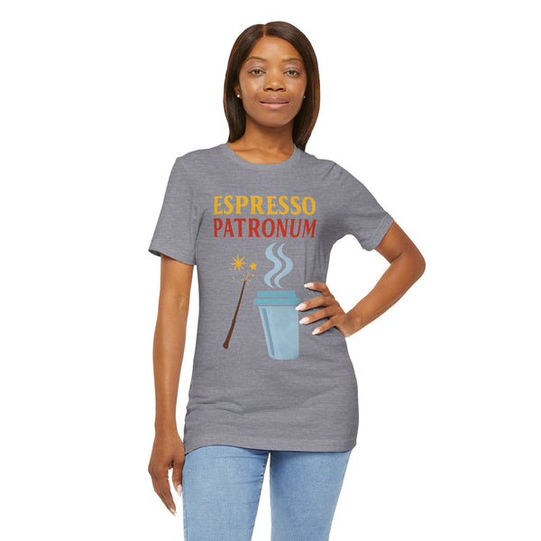 Heather gray crew-neck T-shirt with “ESPRESSO PATRONUM” graphic and espresso cup.