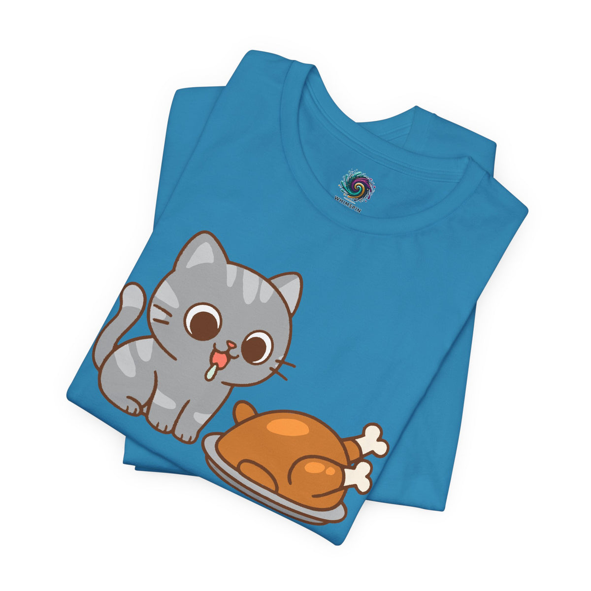 Aqua crew-neck t-shirt with cute gray cat and orange turkey graphic