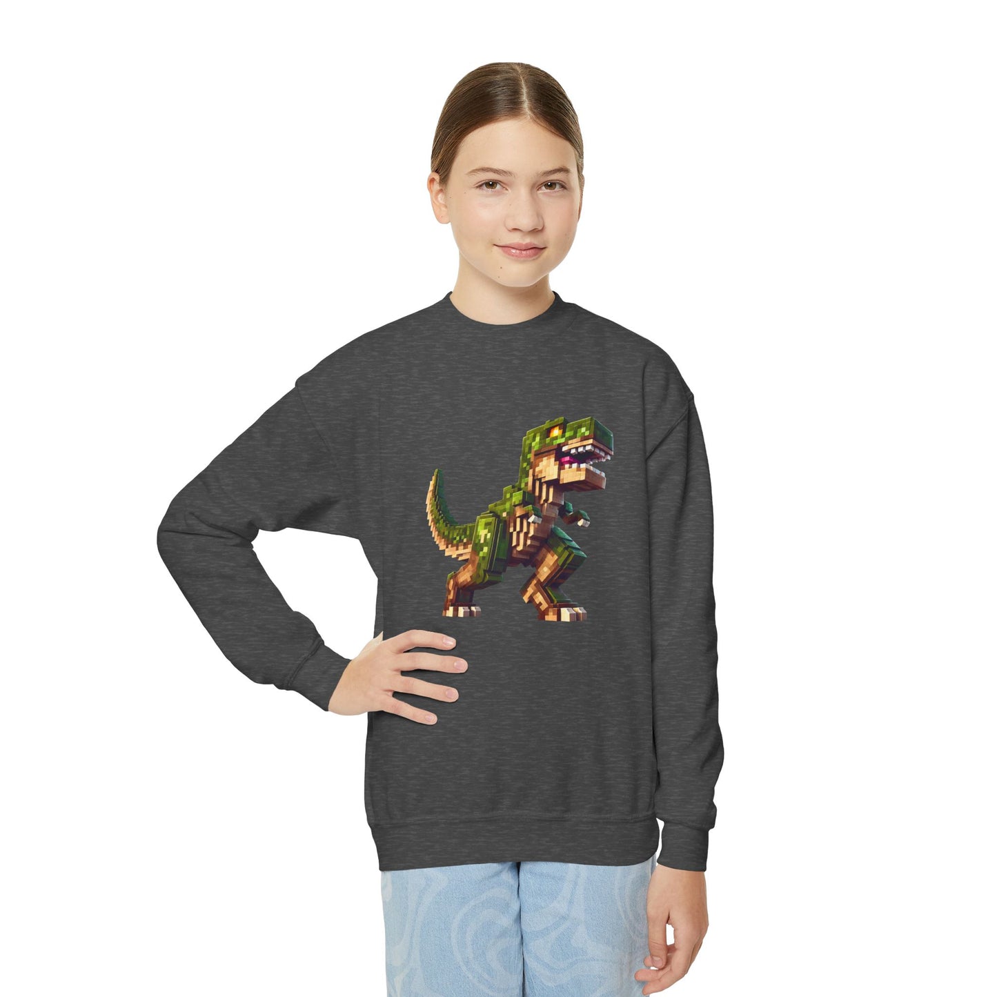 Pixel Dinosaur Youth Sweatshirt – Retro Pixel T-Rex Gamer Hoodie