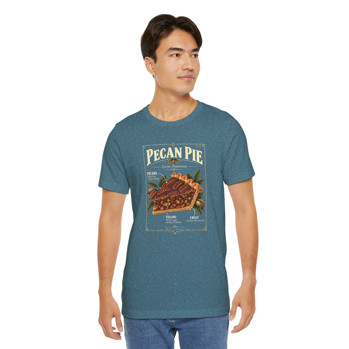Blue-green T-shirt with pecan pie anatomy graphic and text