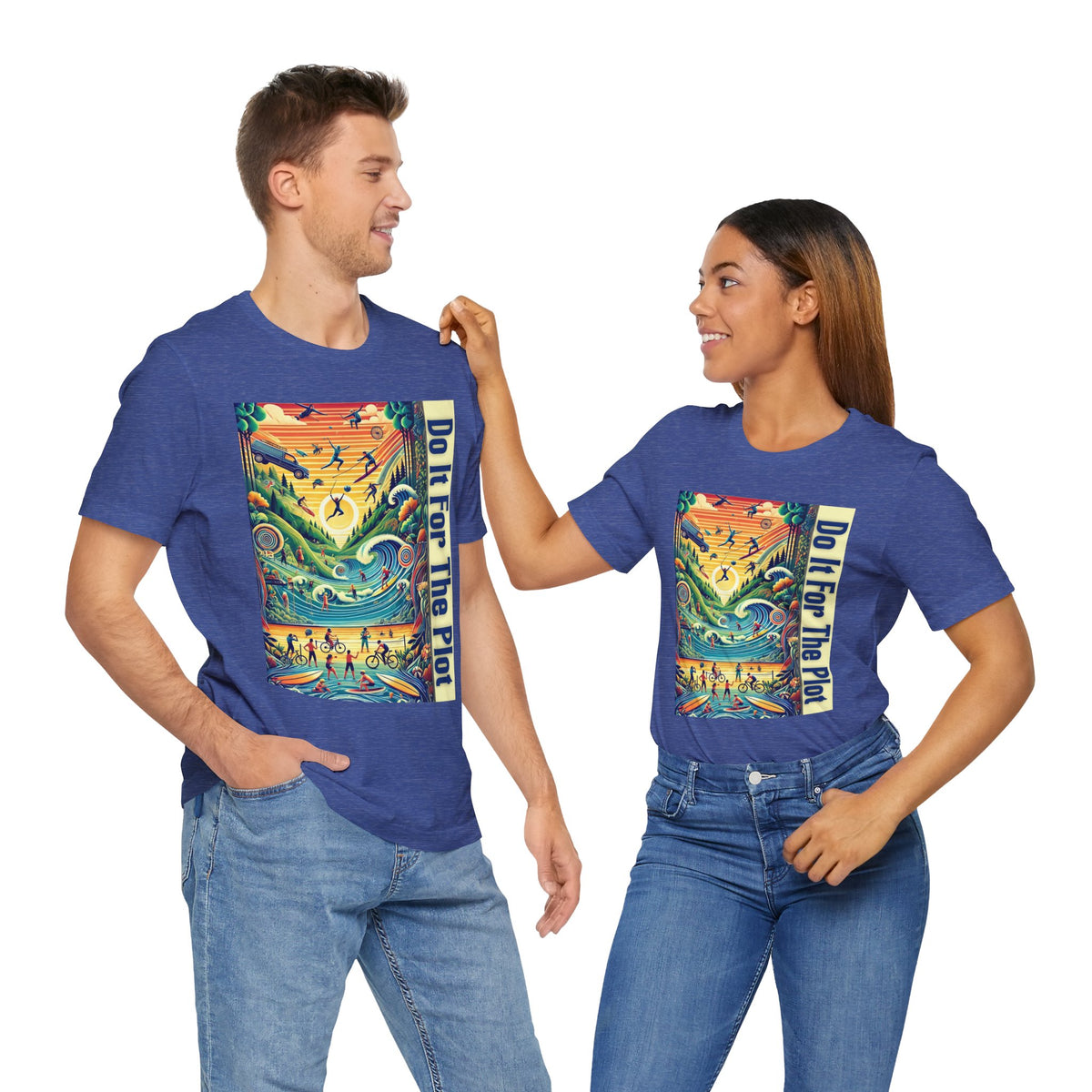 Royal blue graphic T-shirt with rectangular front print and short sleeves