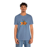 Blue crewneck graphic T-shirt with orange fish-shark swimming front print