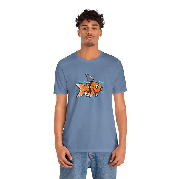 Blue crewneck graphic T-shirt with orange fish-shark swimming front print
