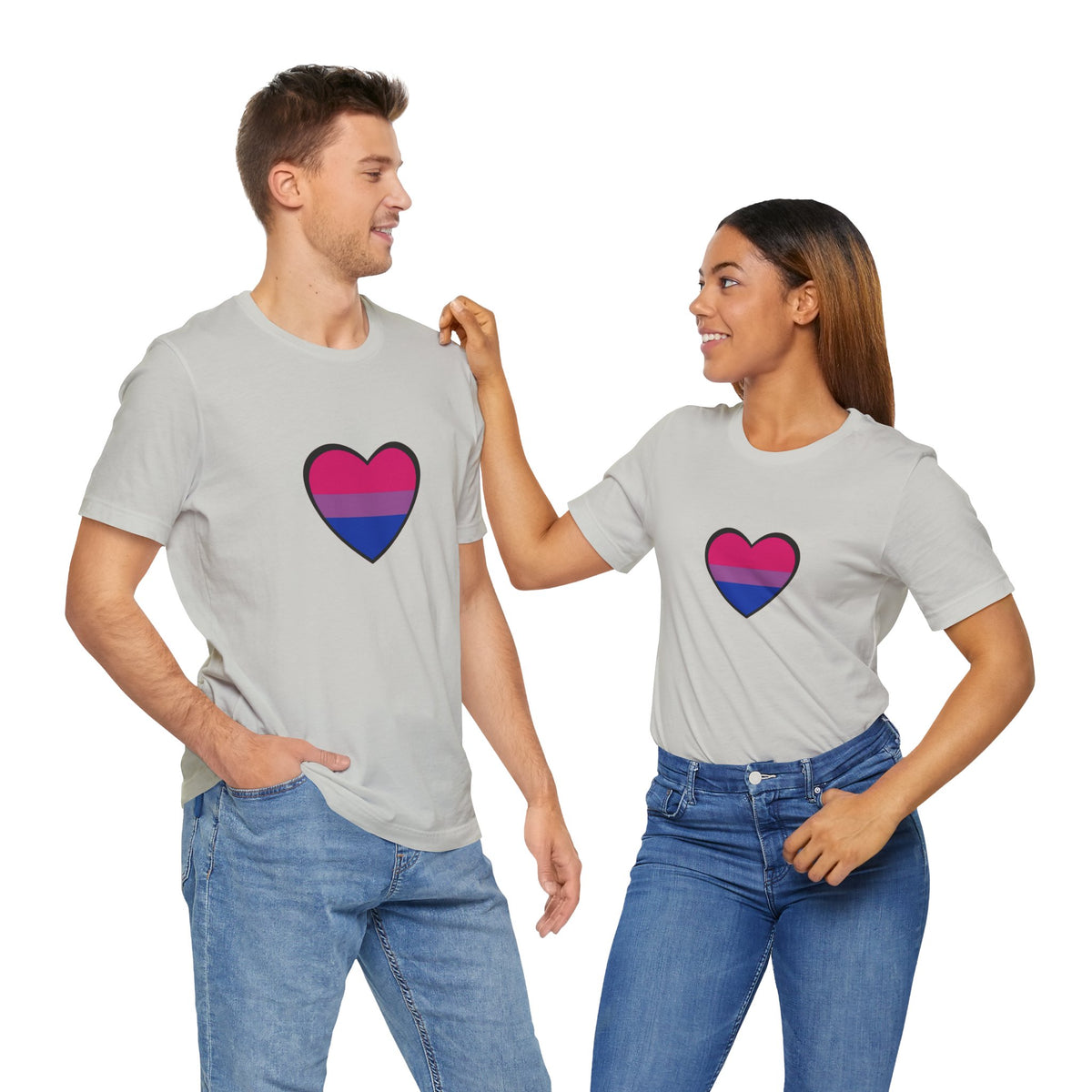 Light gray T-shirt with bisexual pride heart graphic on the chest