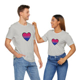 Light gray T-shirt with bisexual pride heart graphic on the chest