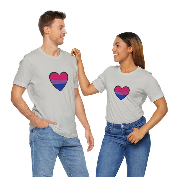 Light gray T-shirt with bisexual pride heart graphic on the chest