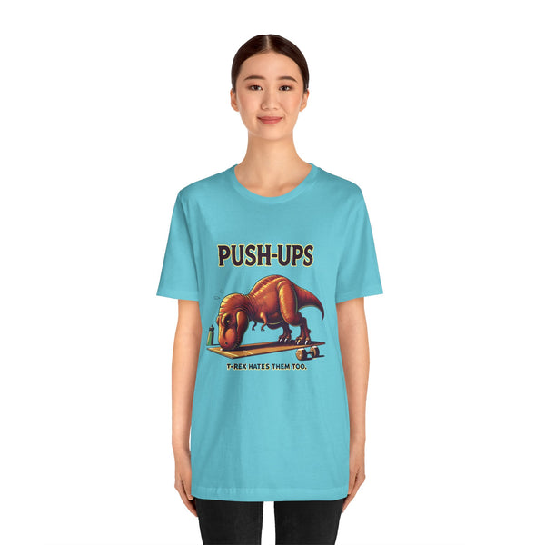 Turquoise T-shirt with T-rex 'Push-Ups' front graphic, crew neck