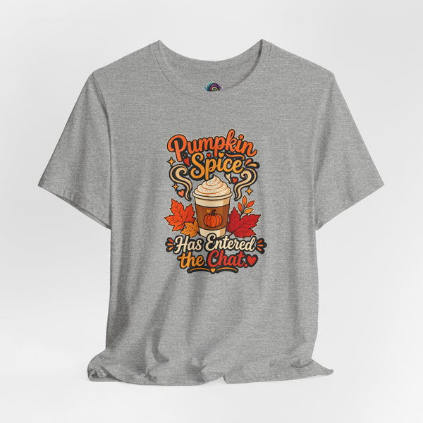 Heather gray T-shirt with Pumpkin Spice chat graphic, crew neck short sleeves