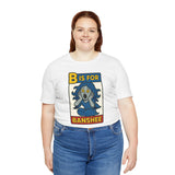 White T-shirt on female model, B is for Banshee ghost letter graphic