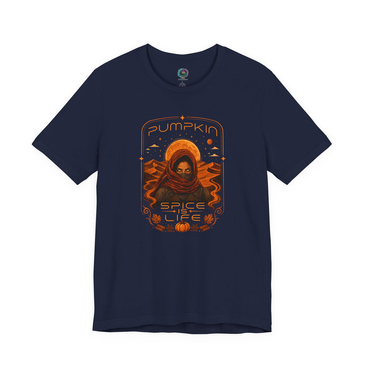Navy crewneck T-shirt with orange pumpkin sci-fi face graphic on the front
