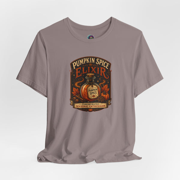 Taupe crew neck T-shirt with Pumpkin Spice Elixir graphic front print