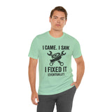 Mint green crew-neck T-shirt with black “I came, I saw, I fixed it (eventually)” design