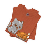 Rust orange cat and turkey graphic T-shirt, crew neck short-sleeve, folded stack