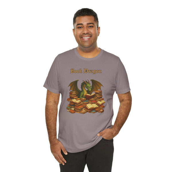 Gray crewneck T-shirt on model, dragon and stacked books graphic on front