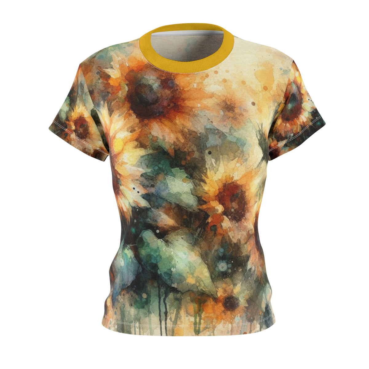 Watercolor floral print T-shirt with yellow crew neck trim and short sleeves