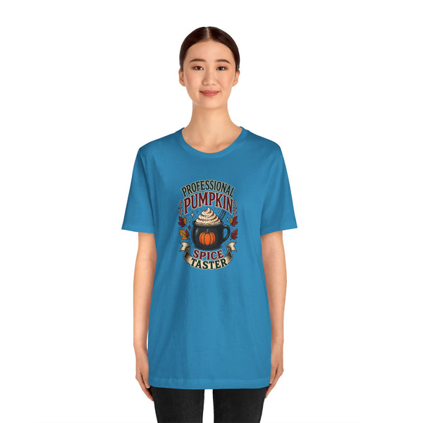 Blue crew-neck T-shirt with pumpkin spice taster graphic on the chest
