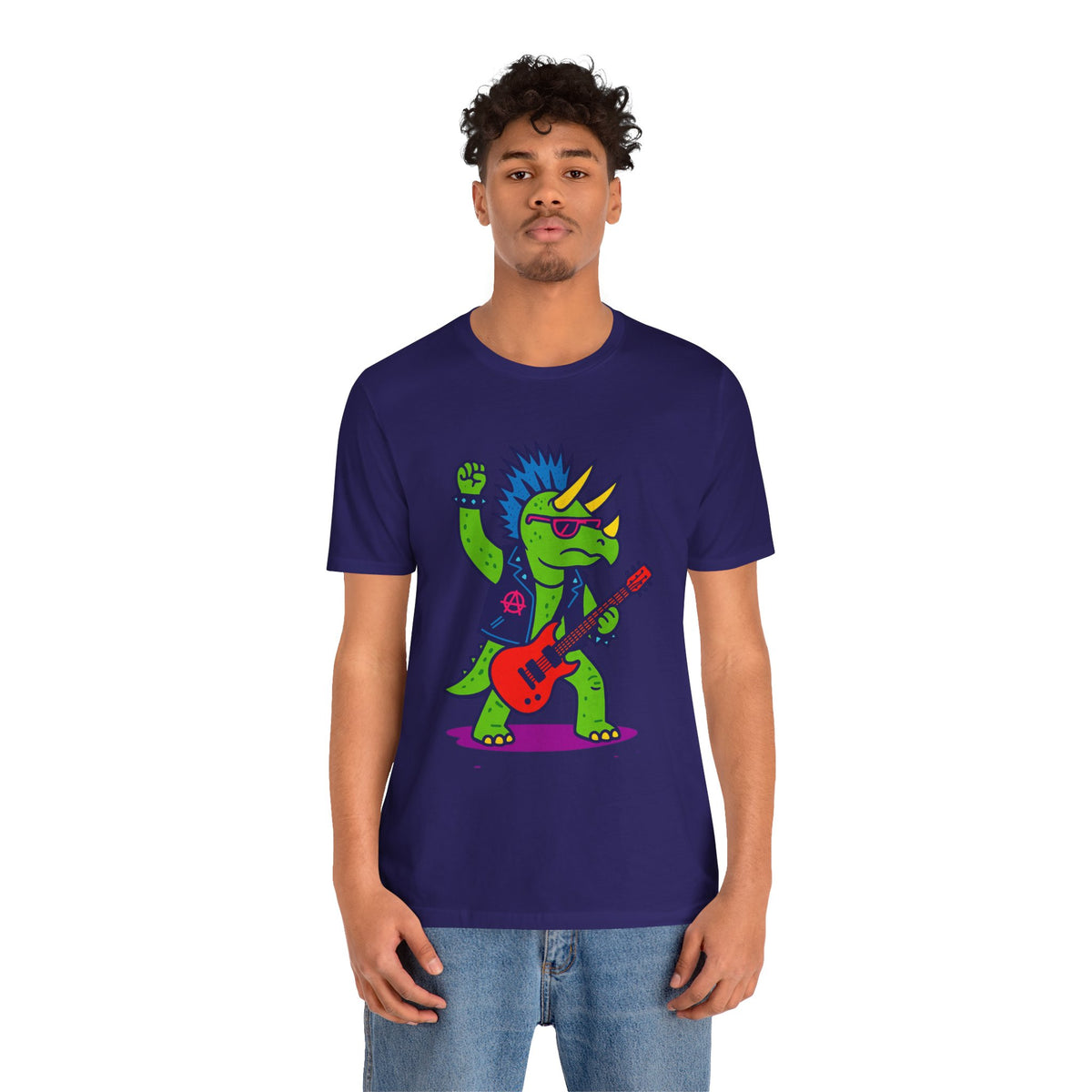 Dark purple crewneck T-shirt featuring a green punk triceratops with red guitar graphic