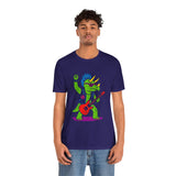 Dark purple crewneck T-shirt featuring a green punk triceratops with red guitar graphic