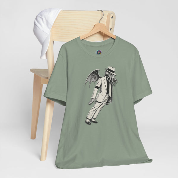Sage green crew-neck T-shirt with front graphic of top-hat figure and wings