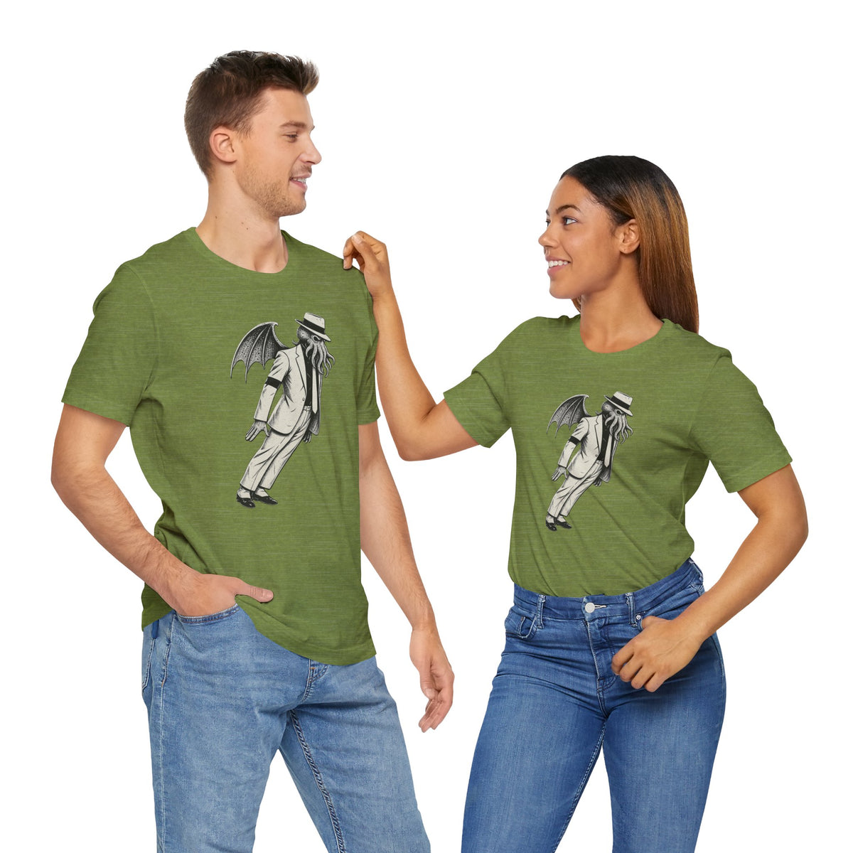 Olive green crew-neck T-shirt featuring gray tentacled figure graphic, couple view