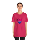 Fuchsia/pink crew-neck T-shirt with centered black-outlined heart Pride flag graphic