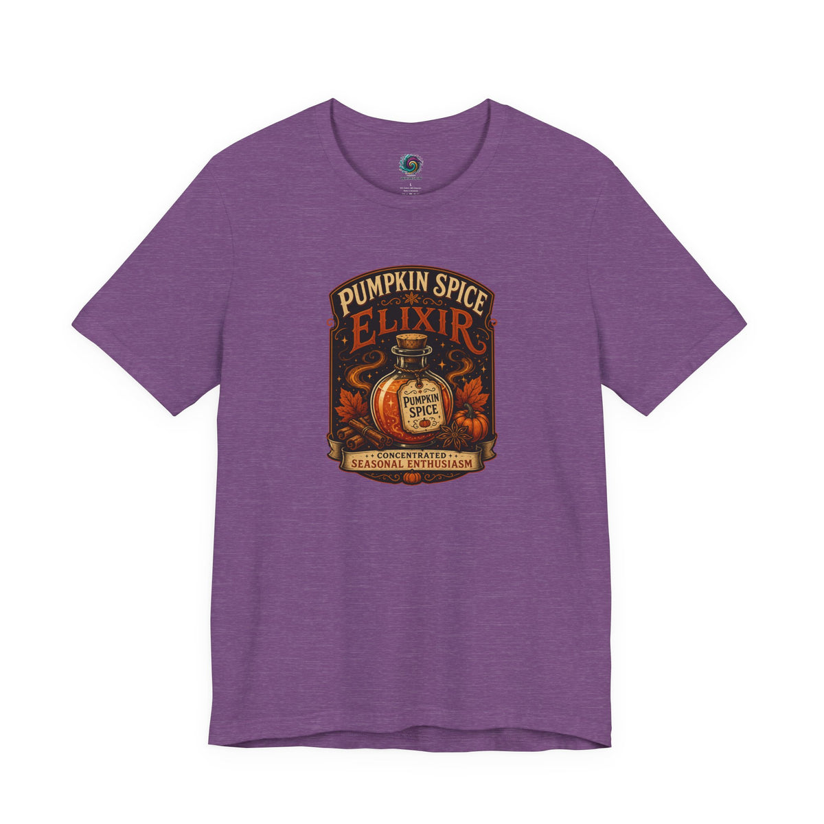 Heather purple crewneck T-shirt with "Pumpkin Spice Elixir" coffee graphic