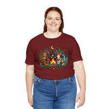 Burgundy campfire cryptid graphic t-shirt, front view on female model