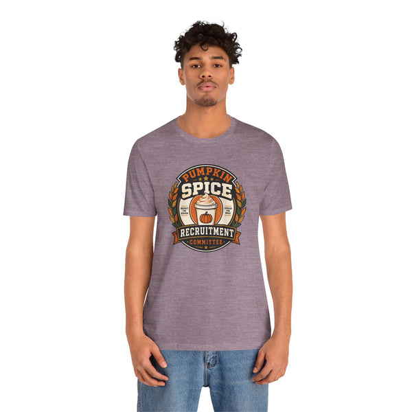 Purple heather short-sleeve T-shirt with Pumpkin Spice Recruitment Committee front graphic