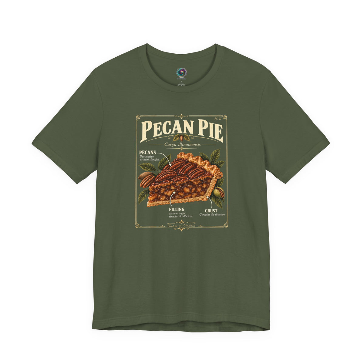 Dark green pecan pie graphic T-shirt with front illustration and crew neck
