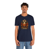 Navy short-sleeve T-shirt with orange pumpkin spice cauldron graphic on chest