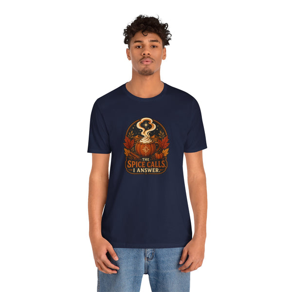 Navy short-sleeve T-shirt with orange pumpkin spice cauldron graphic on chest