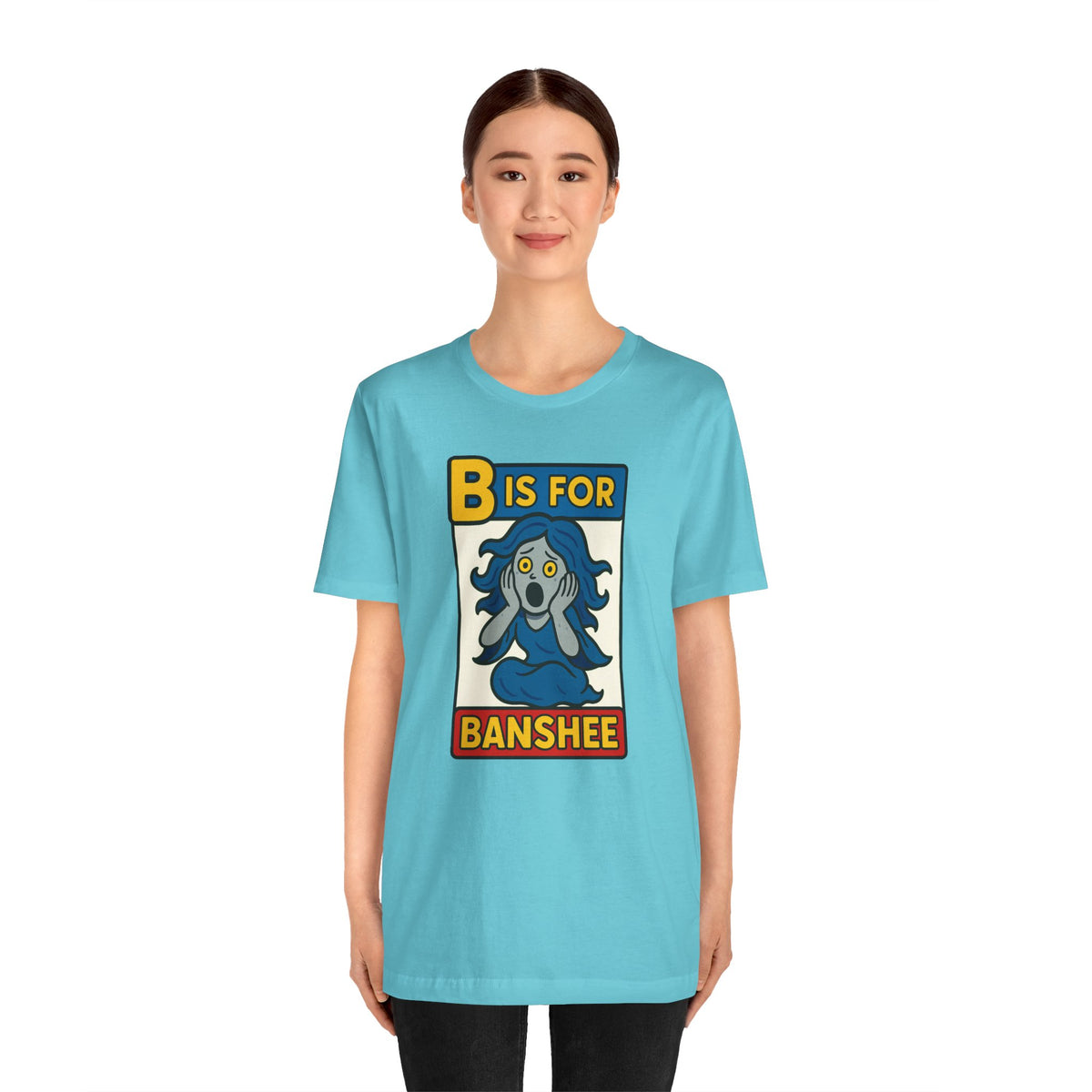 Turquoise crew-neck T-shirt with front B is for Banshee graphic, short sleeves
