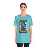 Turquoise crew-neck T-shirt with front B is for Banshee graphic, short sleeves