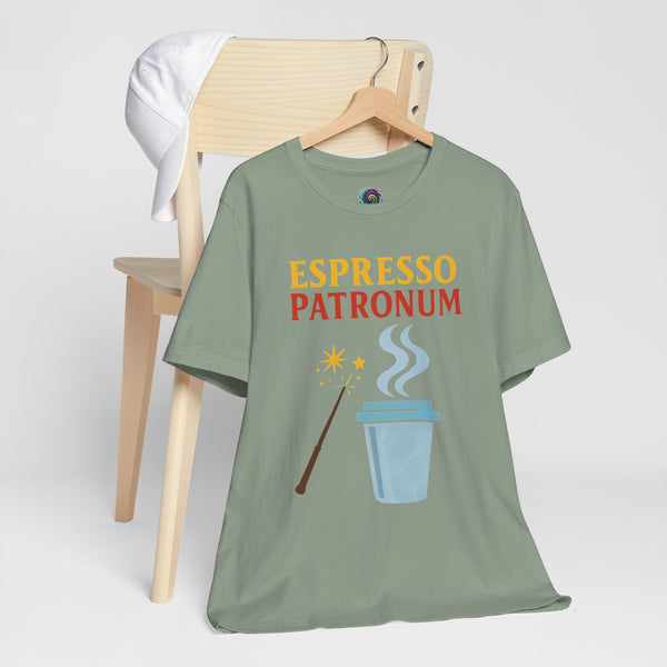 Sage green short-sleeve crewneck T-shirt on hanger with “Espresso Patronum” coffee graphic