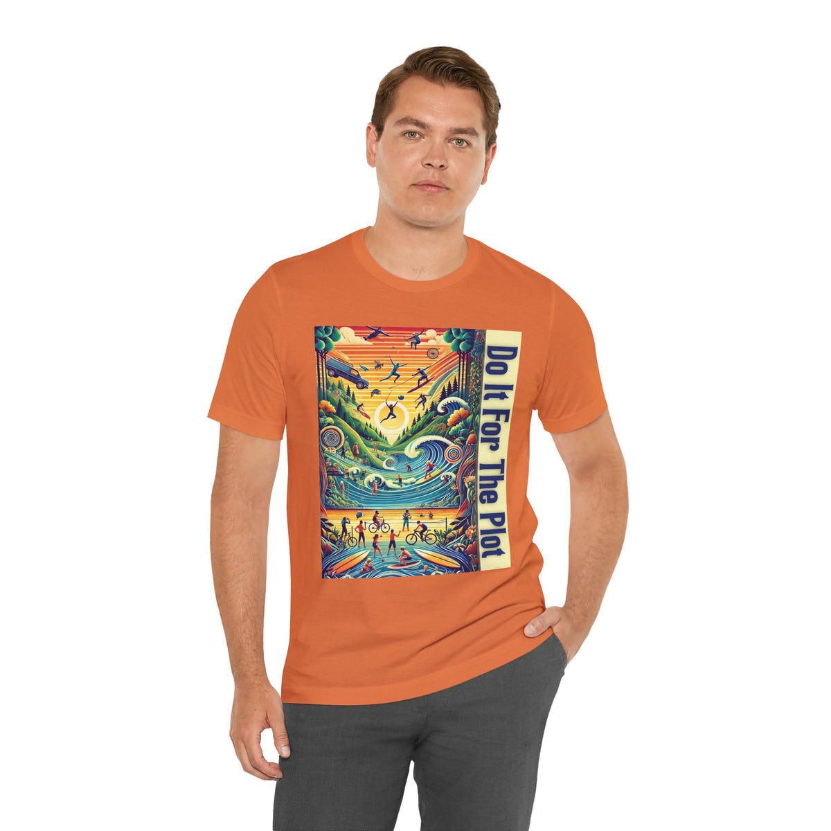 Orange crewneck T-shirt, front view, colorful square graphic with vertical “Do it for the Plot”