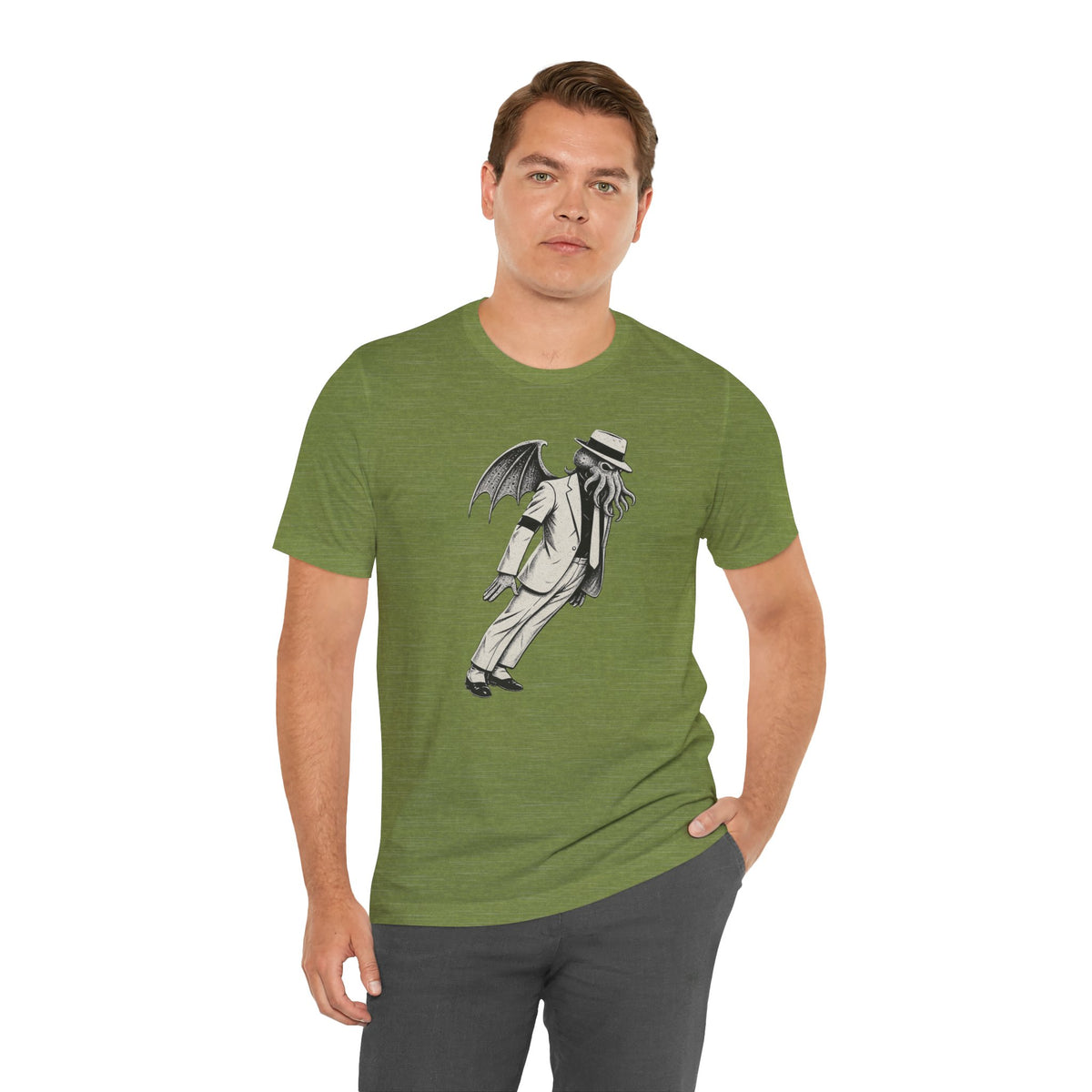 Olive green crew-neck T-shirt with gray tentacled figure graphic, worn by man