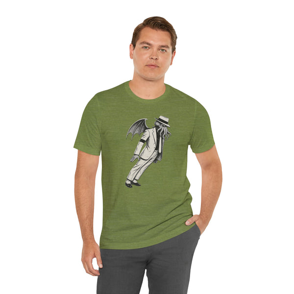 Olive green crew-neck T-shirt with gray tentacled figure graphic, worn by man