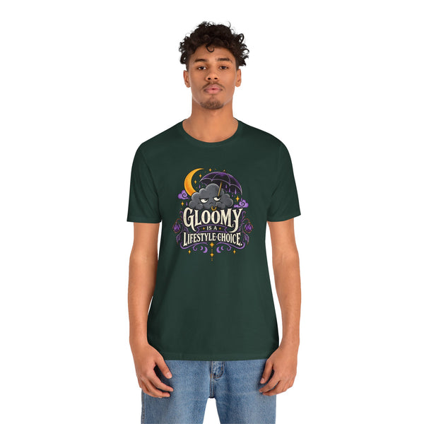 Dark green crew-neck t-shirt featuring colorful gothic moon and bat-like character graphic