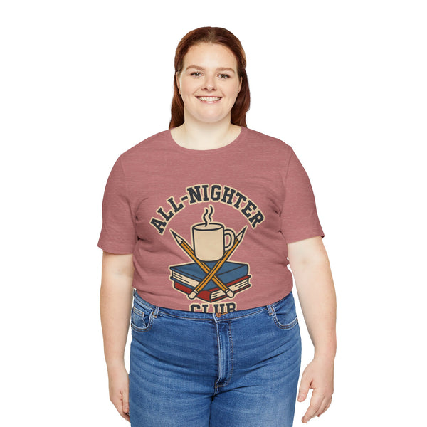 Heather mauve crew-neck T-shirt with 'All-Nighter Club' coffee cup front graphic